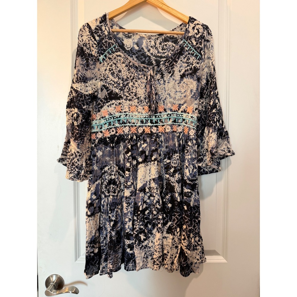 En Creme Boho Mini Dress Blue Black Embroidered Bell Sleeve ED12851VL